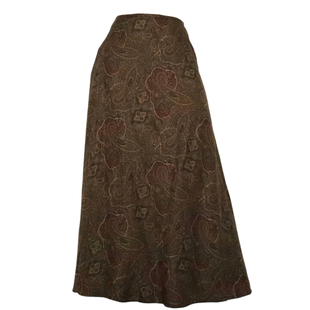 Ralph Lauren Vintage Brown Silk Women's Paisley 90s Crinkle Midi‎ Skirt